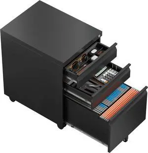 Locking File Cabinet 3 Drawers on Wheels Under Desk, Metal Filing Cabinets for Home Office, A4, Letter-Size Files, Hanging File Folders-Black