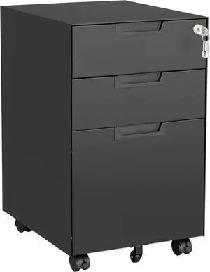 3 Drawer Mobile File Cabinet with Lock,Under Desk Metal Small Filing Cabinets for Home Office Organizer Letters/Legal/A4(Fully Assembled Except Wheels-Black)