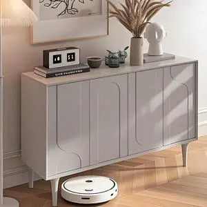 Sideboard Buffet Cabinet, Accent Cabinets with 4 Doors, Modern Wood Cabinet with Adjustable Shelves and Decorative Lines Panel for Living Room, Dining Room, Entry - Pure White