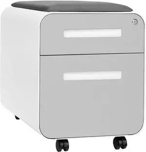 STOCKPILE Mini Seated 2 Drawer Mobile File Cabinet with Removable Magnetic Cushion Seat - Short Version, Metal Filing Cabinet, Pre-Assembled, Light Grey Face with Grey Cushion