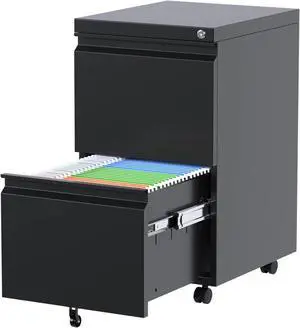 2 Drawer File Cabinet, Lockable Metal Filing Cabinet with Wheels for Home Office, Legal/Letter Size, Fully Assembled Except Wheels, Black