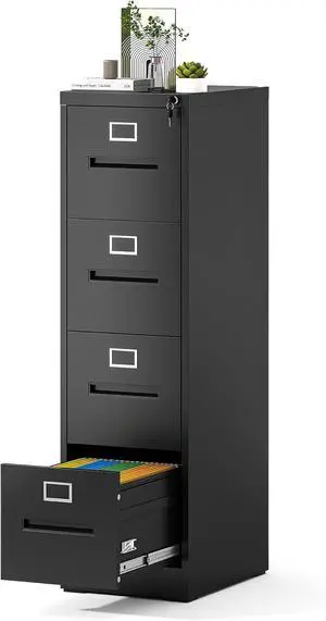 4 Drawer File Cabinet, Vertical File Cabinet with Lock, Metal Locking Filing Storage Cabinet for Home Office, Hanging Files for A4/ Legal/Letter,Black