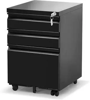 3 Drawer Filing Cabinet, Mobile Filing Cabinet for Home Office, Locking File Cabinets for A4/Letter/Legal Size File Folders, Fully Assembled, Matte Black