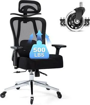 Office Chair 500lbs Ergonomic Mesh Desk Chair for Heavy People, Heavy Duty Office Chair with Wide Thick Seat Cushion, 4D Armrest, Adjustable Headrest & Lumbar Support Computer Chair
