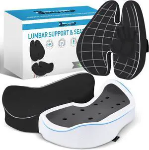 Seat Cushion & Lumbar Support Pillow for Office Chair, Car & Wheelchair - Ergonomic Coccyx Cushion for Tailbone, Sciatica & Back Pain Relief - Extra-Dense Charcoal Memory Foam Chair Cushions