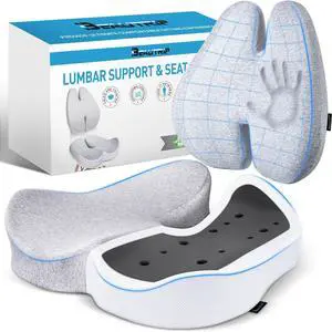 Seat Cushion & Lumbar Support Pillow for Office Chair, Car & Wheelchair - Ergonomic Coccyx Cushion for Tailbone, Sciatica & Back Pain Relief - Extra-Dense Charcoal Memory Foam Chair Cushions