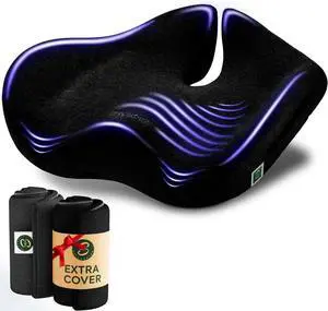 Pressure Relief Seat Cushion for Tailbone Pain  X Large Office Chair Cushion for Back Pain, Coccyx & Sciatica Pain Relief Pillow. Memory Foam Seat Cushions for Office Chairs. Extra Cover (Black)
