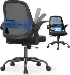 Ergonomic Mesh Office Chair for Home Office, Flip-Up Arms, Breathable Mesh Back & Thick Seat Cushion, Swivel Rolling Computer Desk Chair, BIFMA Certified, Supports 300 lbs (Black Frame/Black Seat)