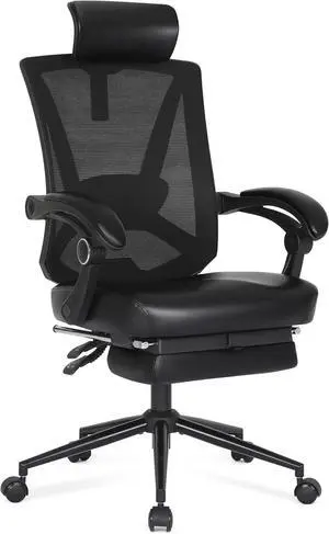 Ergonomic Office Chair with Footrest, Ergonomic Desk Chair with Adjustable 2D Lumbar Support, High Back Computer Chair with Adjustable Headrest, Comfortable Leather Office Chairs -Black