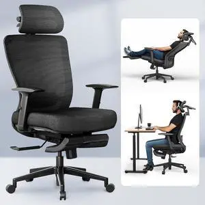 Ergonomic Office Chair with Footrest, Mesh Back Computer Chair, Home Office Desk Chairs, with Adjustable Lumbar Support/4D Headrest/Reliable Base, Elastic Foam Seat, Black, OC3 Cloud-F