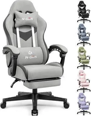 Video Gaming Chair Office Computer Desk Use Ergonomic Reclining Backrest Adjustable Armrests Lumbar Support Footrest High Density Foam Breathable Fabric Heavy Duty Base (Grey)