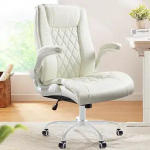 Executive Office Chair with Flip-up Armrests,PU Leather Ergonomic Desk Chair Height-Adjustable Swivel Rolling Computer Desk Chair (White)