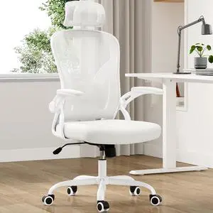 Ergonomic Office Chair, Home Office Desk Chair with Headrest, High Back Computer Chair with Armrests and Adjustable Lumbar Support for Home Office Study Room, White & White