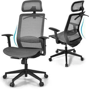 Ergonomic Mesh Office Chair - High Back Computer Desk Tilt Lock Mesh Seat with Lumbar Support and Clothing Hanger, Executive Swivel Mesh Chair with Adjustable Arms and Headrest (Grey)