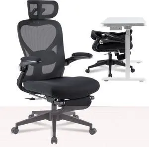 FoldeX Foldable Office Chair with Foot Rest, Adjustable Headrest, Flip-Up Arms & Lumbar Support  Space-Saving Ergonomic Mesh Desk Chair for Small Home Office, Black