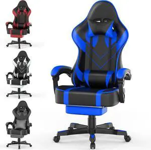 Blue Gaming Chair with Large Mouse Pad, Ergonomic Computer Office Chair with Wider Seat Cushion, Reclining PU Leather Gamer Chair with Footrest for Adults, High Back Video Game Chair