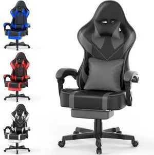 Grey Gaming Chair with Large Mouse Pad, Ergonomic Computer Office Chair with Wider Seat Cushion, Reclining PU Leather Gamer Chair with Footrest for Adults, High Back Video Game Chair