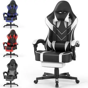 White Gaming Chair with Large Mouse Pad, Ergonomic Computer Office Chair with Wider Seat Cushion, Reclining PU Leather Gamer Chair with Footrest for Adults, High Back Video Game Chair