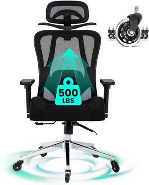 Heavy Duty Ergonomic Office Chair, 500lbs Capacity, Mesh Back, Aluminum Alloy Frame, Modern Style, Black