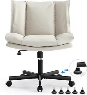 Criss Cross Chair with Wheels, Armless Cross Legged Office Chair, Comfy PU-Leather Desk Chair, Modern Swivel Height Adjustable Computer Task Chair, Wide Seat Cute Chair for Home Office(Beige)
