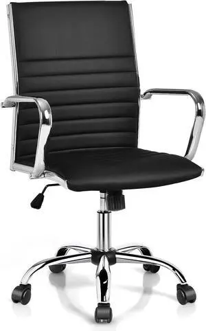 Ribbed Office Chair, Ergonomic Modern Leather Desk Chair with Adjustable Height & Arms, Swivel Mid Back Executive Conference Room Chairs for Meeting Room, Black
