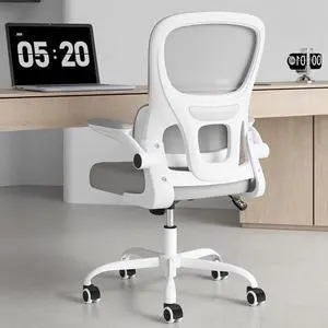 Office Chair, Mesh Ergonomic Office Chair with Lumbar Support, Comfy Computer Desk Chair with Flip Armrest Rolling Wheels for Home Study Room Office, White & Gray
