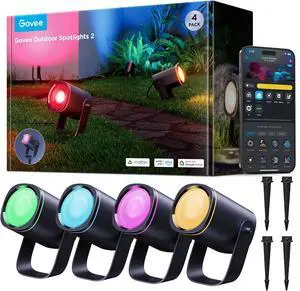 Outdoor Spot Lights 2, IP67 Waterproof Spotlights, Landscape Lights Work with Matter, Alexa, and Google Assistant, RGBWIC Color Changing Light for Outdoor Decor, Patio Decorations, 4 Pack