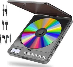Portable CD Player with Bluetooth and FM Transmitter, 2000mAh Rechargeable Bluetooth CD Players with Speakers Dual Headphones Jack Anti-Skip cd Player for Car Home Adults Kids