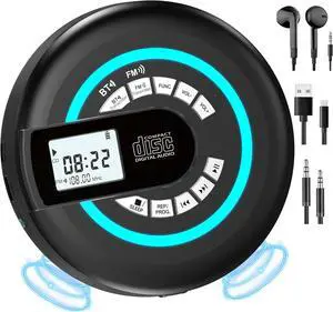 Portable CD Player with Speaker Bluetooth Disman for Car with FM Transmitter Rechargeable CD Player Portable with Anti-Skip Protection, Headphones, AUX/USB Supported, LCD Display RGB Light