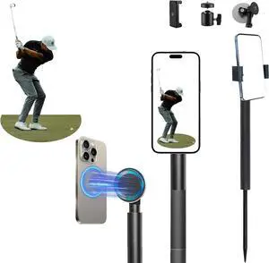 Golf Monopod Selfie Stick with Metal Ground Spike | Magnetic Phone Holder 52" Adjustable, Golf Training Aid Compatible w/Magsafe iPhone, Golf Swing Trainer (Magnet+Clamp+Ball Head)