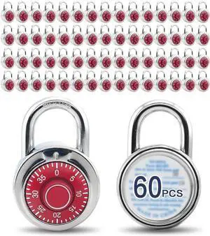 Standard Dial Combination Lock, 2 in. Wide, with Different Combinations, Red Turnplate, Pack of 60; Lock for School, Employee, Gym Sports Locker, Case, Toolbox, and so on