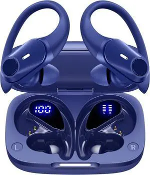 Active Noise Cancelling Ear Buds Wireless Earbuds Bluetooth Headphones with 80H Playtime LED Display Charging Case, Over Earphones Hooks for Sports Running Gym Workout Blue