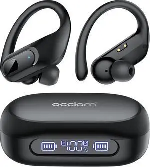 Active Noise Cancelling Ear Buds Wireless Earbuds Bluetooth Headphones 96Hrs Playback LED Display Over-Ear Waterproof Earphones with Earhooks Mics Clear Call for Sport/Running/Workout Black
