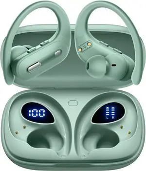 Wireless Earbuds Bluetooth 5.3 Headphones 90 Hrs Playtime with Charging Case Power Display Over-Ear Earphones Earhooks Waterproof Stereo Headset for Android (Mint Green)