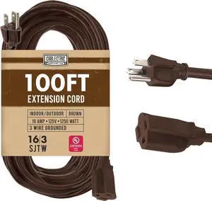 Brown 100' Extension Cord, 16/3 Heavy Duty Cable with 3 Prong Grounded Plug for Safety, 15 AMP Garden, Lawn, Tools & Major Appliances, Outdoor Cord