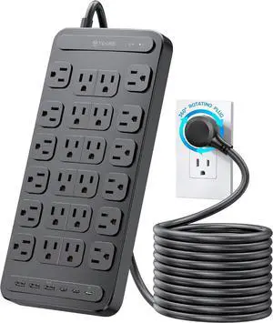 Surge Protector Power Strip, 360° Rotating Flat Plug, 24 AC Outlets, 6 USB Ports Total 37W, 4000 Joules, ETL Listed, 15ft Heavy Duty Extension Cord 1875W for Gaming Dorm Room Essentials Black