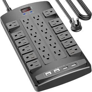 Surge Protector Power Strip - 15Ft Flat Plug Heavy Duty Extension Cord with 24 Outlets and 4 USB Ports(1 USB-C Ports), 1875W/15A, 4100J, for Home, Office, Dorm, ETL Listed, Black