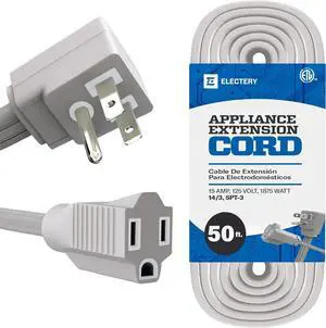 Heavy Duty Appliance Extension Cord, 14 AWG - 3 Prong Grounded Flat Plug, Gray Power Wire for Indoor Air Conditioner and All Major Appliances, 15 Amps, 1875W, ETL Listed. (50 Ft)