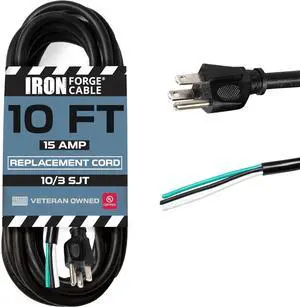 10 Gauge Power Cord Replacement - 10ft,15 Amp Black Heavy Duty Extension Cord, 10/3 SJT 3 Prong Cable for Appliances & Tools, NEMA 5-15P