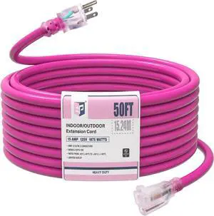 50Ft Outdoor Extension Cord, 12/3 SJTW Heavy Duty Waterproof Power Cable, 3 Prong Grounded Plug, Lighted End, for Lawn, Garden, Appliances, Pink