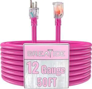Outdoor Extension Cord with Lighted End, 12 Gauge Heavy Duty 50 FT, 3 Prong Grounded 15 Amp, 12/3 SJTW Waterproof Power for Appliance, UL Listed, Pink