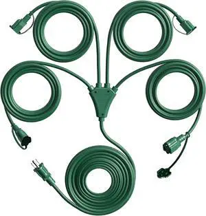 1 to 4 Splitter Extension Cord (Combined 68 FT, End 50 FT), 3 Prong Plug with Outlets Weatherproof Covers for Indoor and Outdoor Holiday Christmas Decroations
