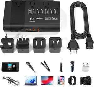 500W Max Pure Sine Wave Voltage Converter Us to Europe, 220V 110V 50Hz 60Hz Transformer for European Travel, Power Adapter Combo CPAP Hair Straightener Laptop Phone