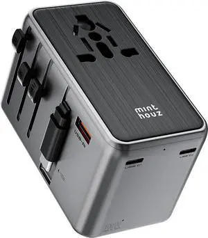 Universal Travel Adapter, International 100W Power Adapter GaN Fast Charger with 2 USB-C PD, 1 Cable &A Ports, All-in-One Portable AC Plug for USA EU UK AUS