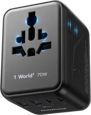 Mini Universal Travel Adapter, GaN 70W International Power 2 AC, 3 USB-C PD Fast Charging & USB-A QC, Essentials for All European Plug Adapter UK AUS JP