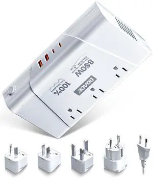 220V to 110V Converter, 800W Voltage Converter US Europe for Hair Straightener/Curler/Phone, Power with 2 USB C & A Ports, European Travel Plug Adapter UK, US, AU, EU, White