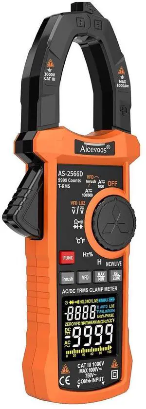 Inrush Digital Clamp Meter Multimeter 1000A TRMS 6000 Counts, Amp Voltage Tester with VFD, LOZ Mode; Measures AC/DC Current Voltage Temperature Resistance Capacitance Frequency Continuity NCV