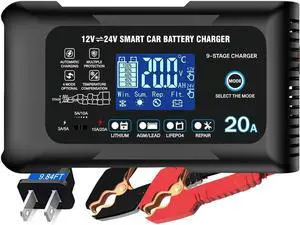 20Amp: 12/24V Smart Car Battery Charger  Automatic Maintainer, Trickle Charger & Desulfator with Overcharge Protection & Temperature Compensation  for Lead-Acid & Lithium & LiFePO4 Batteries