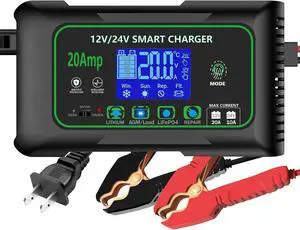20 Amp Smart Battery Charger, 12V/20A and 24V/10A Car Battery Charger, Trickle & Maintainer Pulse Repair for Lithium, Lifepo4, Lead-Acid (AGM/Gel/SLA), Boat, Motorcycle, Golf Cart, Tractors