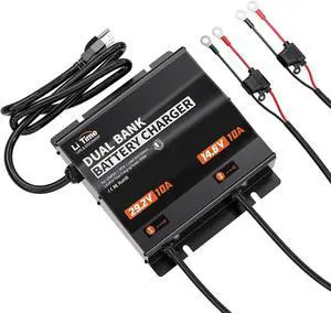 2-Bank(29.2V 10A & 14.6V 10A) Lithium Battery Charger for 24V(25.6V)/12V(12.8V) LiFePO4 Battery, AC-DC Smart Charger with IP65 Waterproof, LED Indicator for Boat, Golf Cart, RV and Home